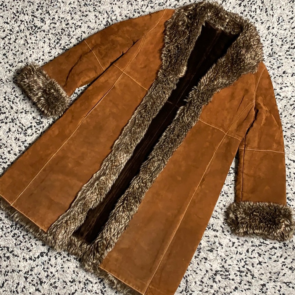 Marvin Richards Vintage Brown Leather Lined Fur Trim Long Coat XL - Picture 2 of 13